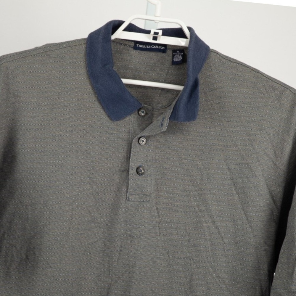 The Ritz-Carlton Polo Shirt Mens XL Grey Blue Striped Reynolds Plantation Cotton